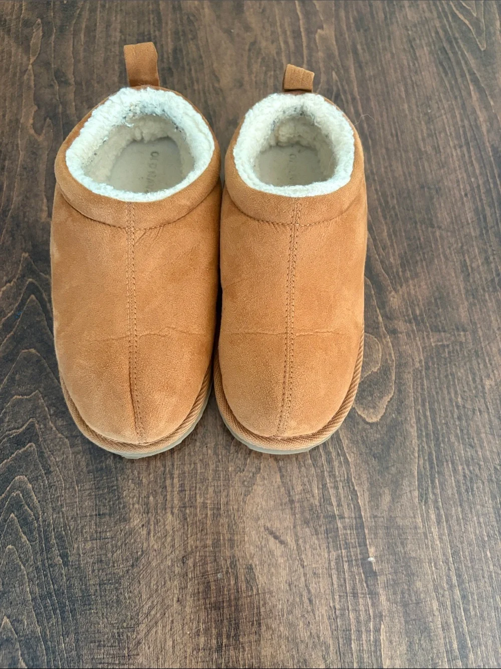 Old Navy Tan Suede-Look Kids Slippers with Cream Fleece Lining